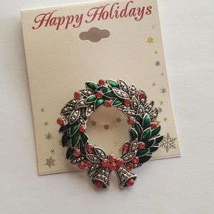 Table & Tower Holiday Holly Wreath Bells Brooch